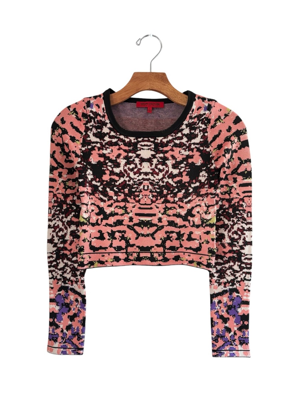 WOW couture Pink Patterned Cropped Long-Sleeve Top with Black Trim S